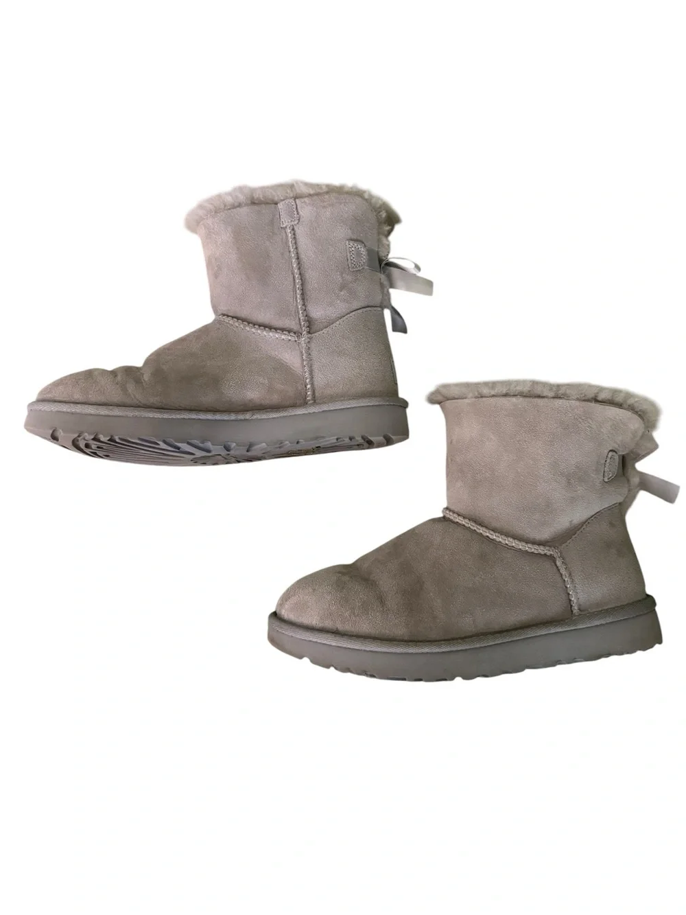 UGG Mini Bailey Light Gray Satin Bow Shearling Boots - 7